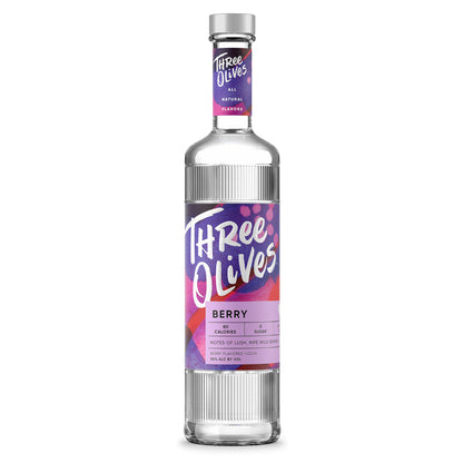 Three Olives Berry vodka bottle on a white background