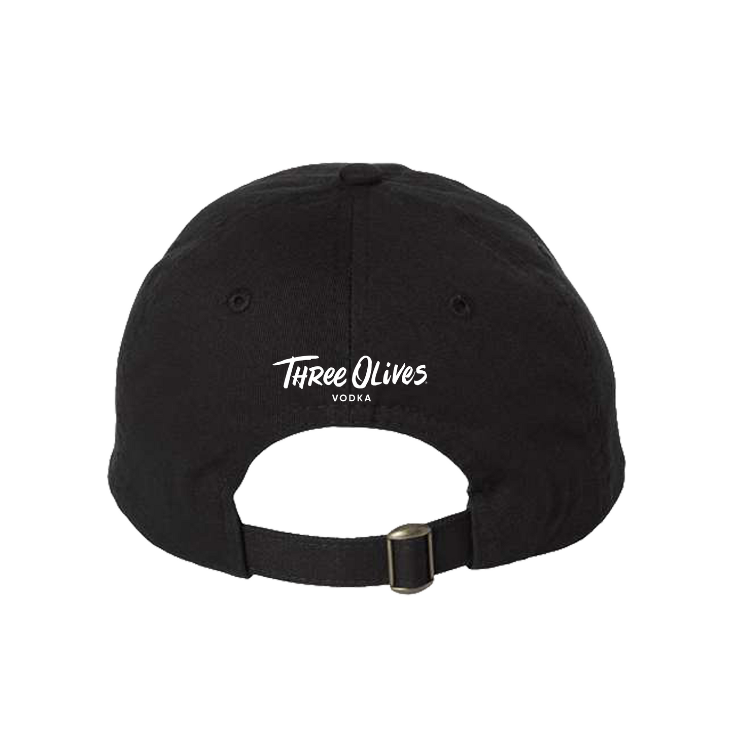 Black cap with 'Three Olives Vodka' logo on a white background