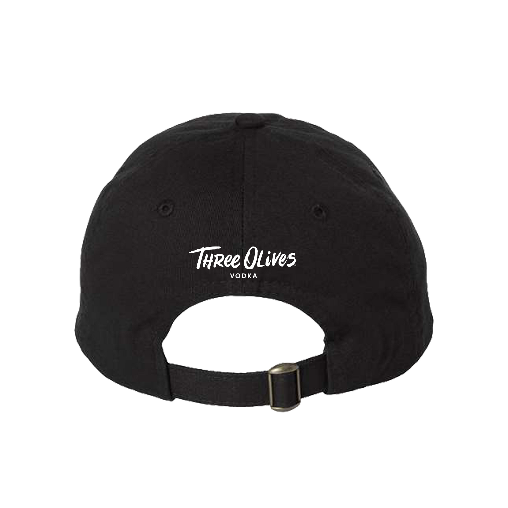 Black cap with 'Three Olives Vodka' logo on a white background