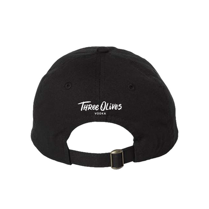 Black cap with 'Three Olives Vodka' logo on a white background