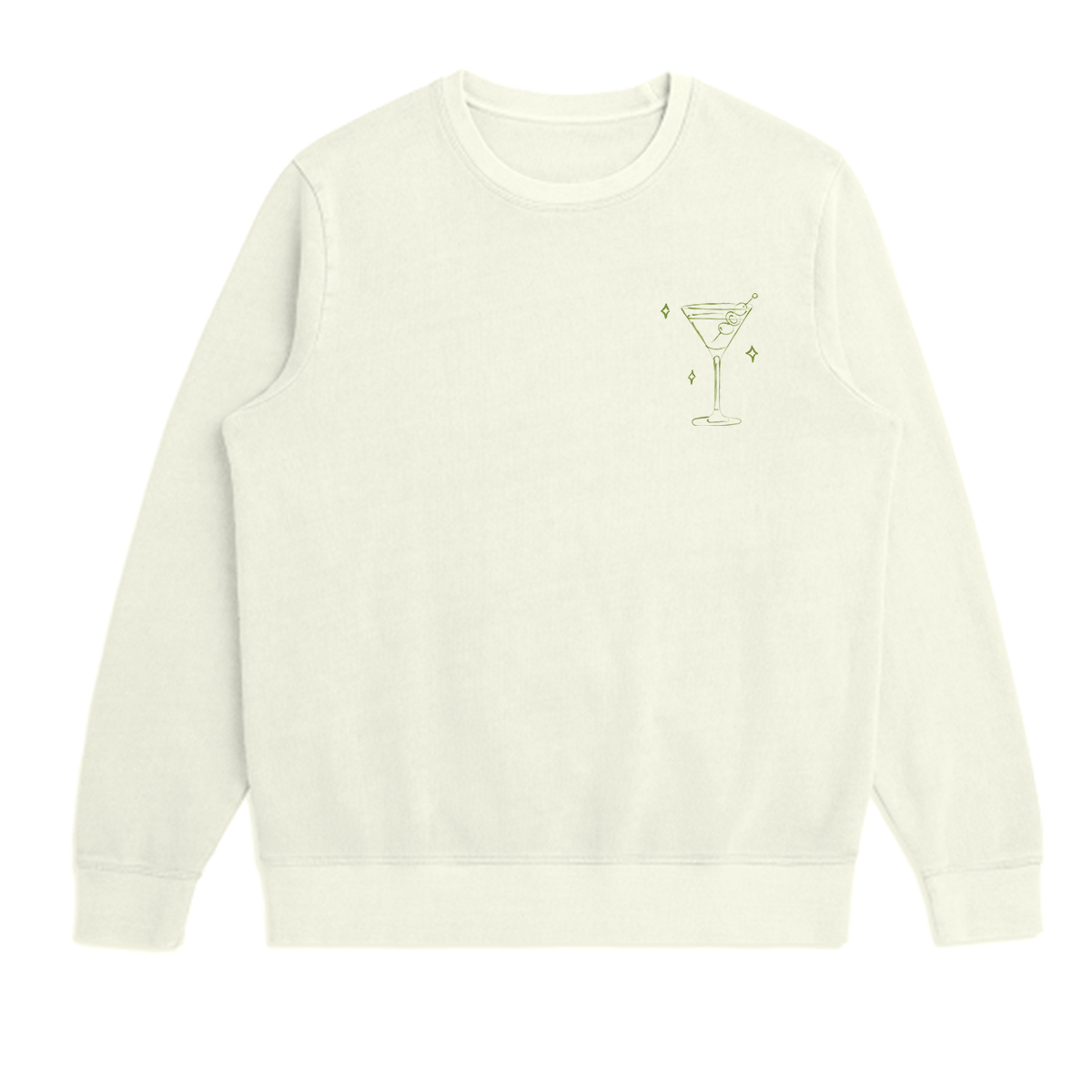 White sweatshirt with a small graphic of martini glass and three olives on a white background