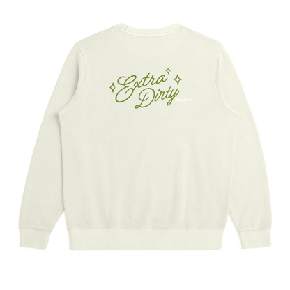 Beige sweatshirt with 'Extra Dirty' text on a white background