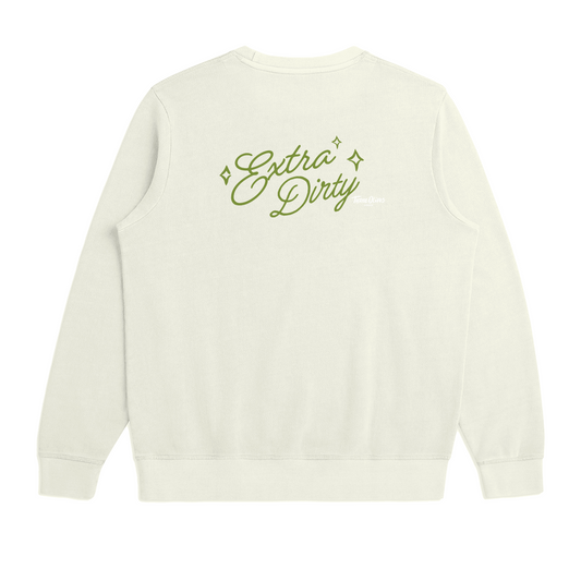 Beige sweatshirt with 'Extra Dirty' text on a white background