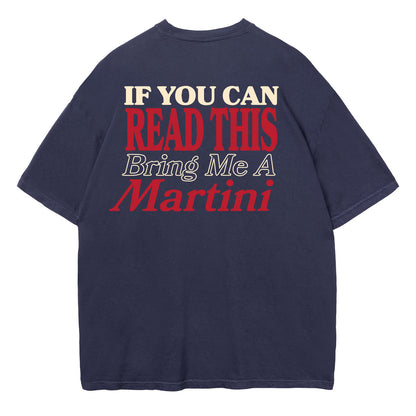 Navy blue t-shirt with humorous text on the back on a white background