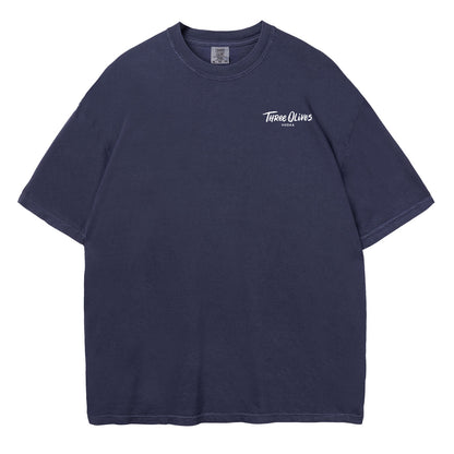 Navy blue t-shirt with 'Three Olives' logo on a white background