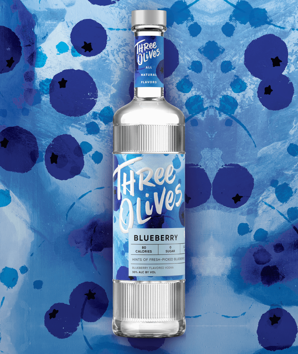 Three olives blueberry bottle front view