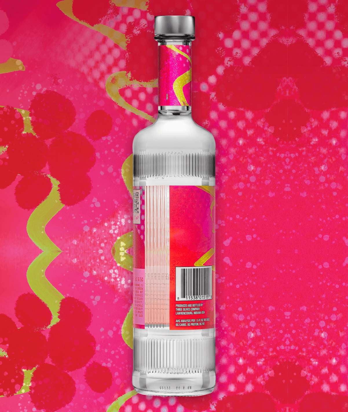 Three olives raspberry bottle side view