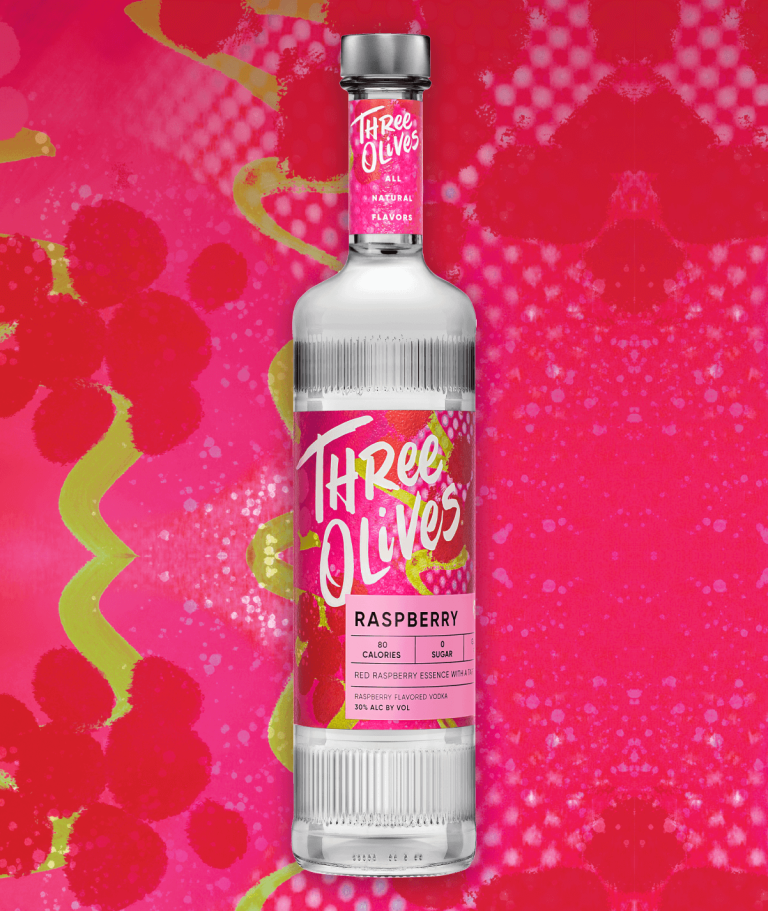 Three olives raspberry bottle front view